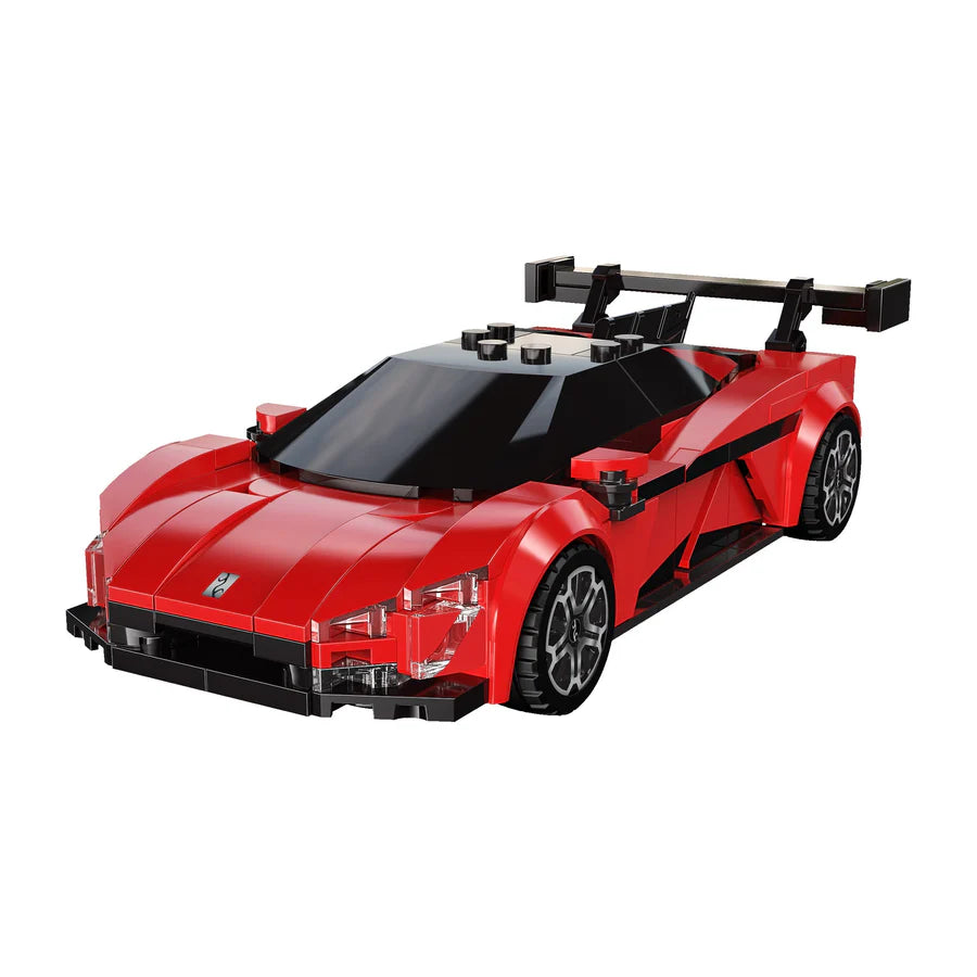 Red and black sports car model made of interlocking bricks on a white background