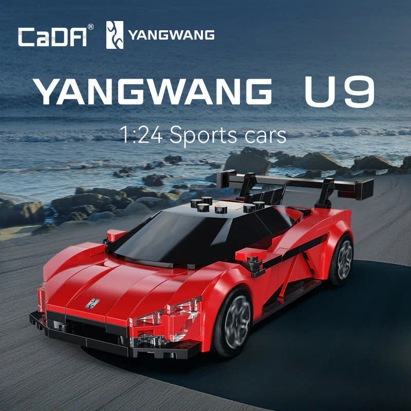 Red sports car model with 'YANGWANG' branding on a beach background