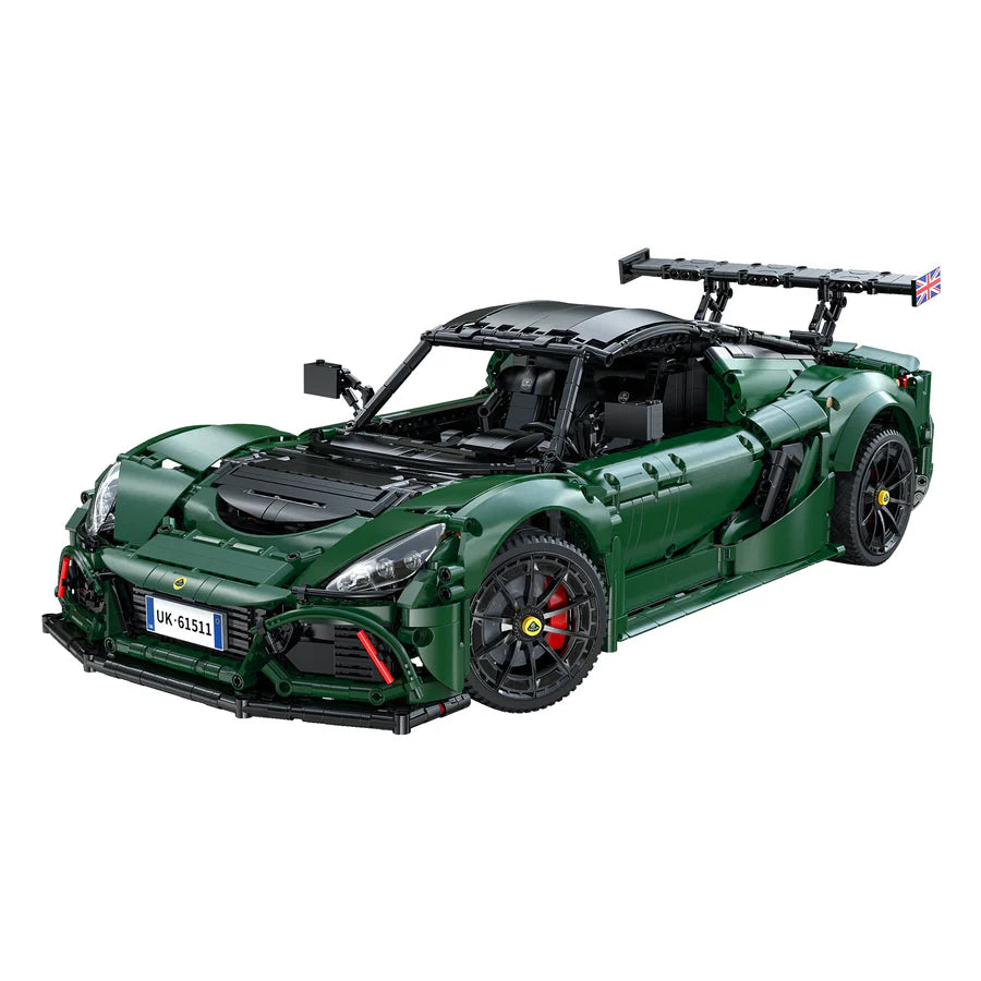 Green sports car model made of interlocking bricks on a white background