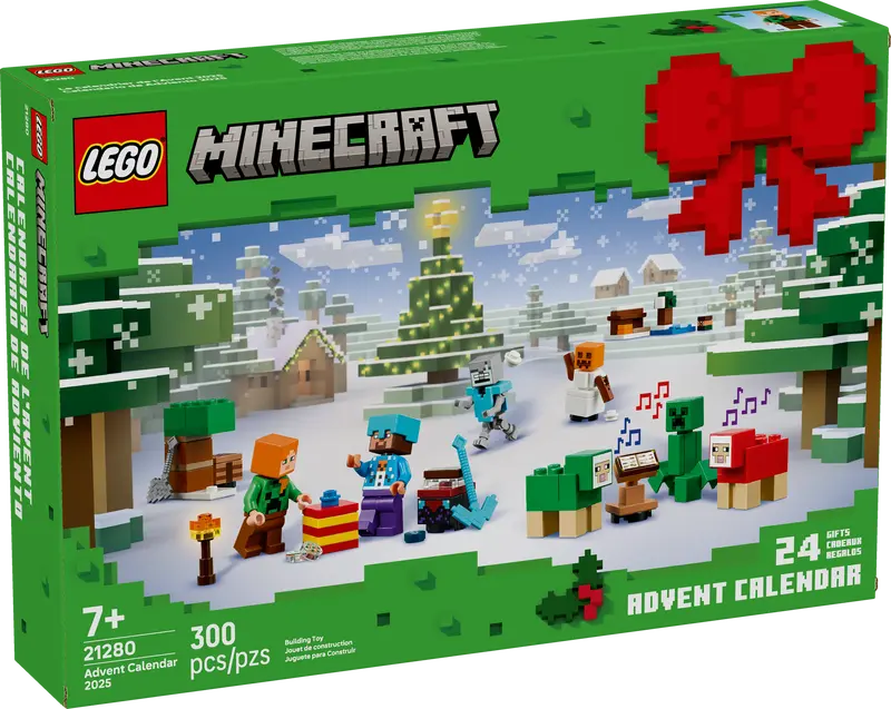 LEGO Minecraft Advent Calendar 2025 packaging with characters and festive elements.
