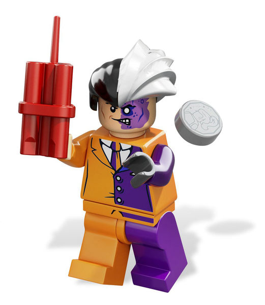 Two-Face Orange and Purple Suit Minifigure with Two-Face Coin and Dynamite