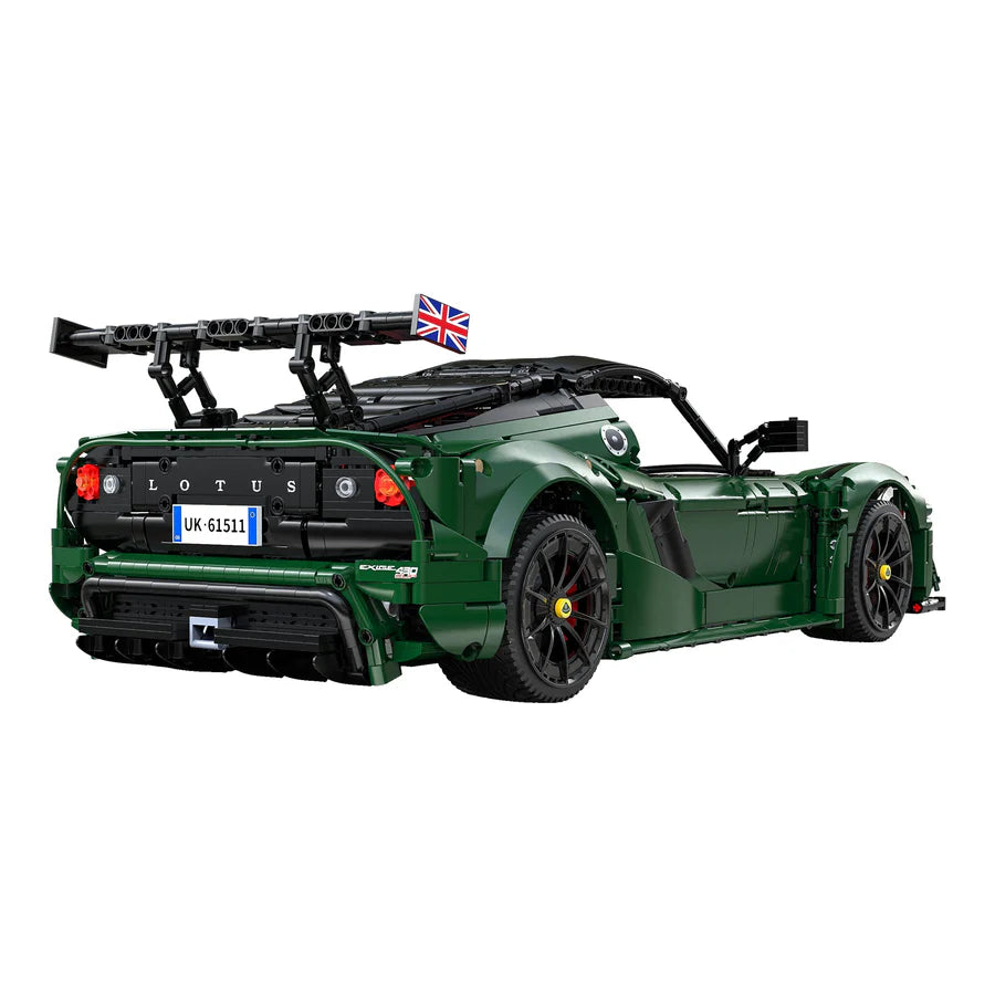 Green sports car model with a British flag on a white background