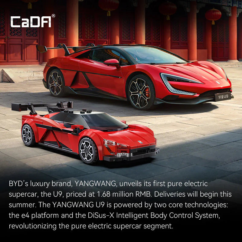 Red electric supercar with Chinese architectural background