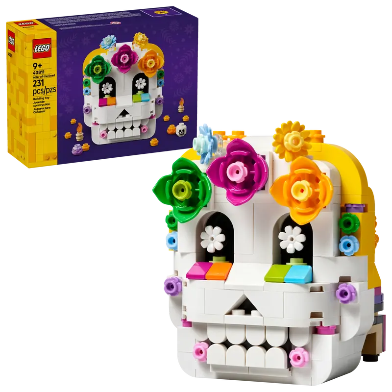 LEGO Day of the Dead skull set with colorful flowers and packaging in the background 40811