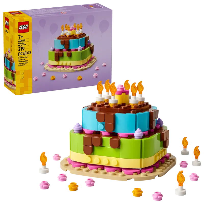 LEGO birthday cake set with colorful layers and candles, next to its packaging 40815