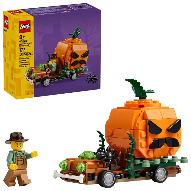 LEGO Halloween pumpkin truck set with packaging on a white background 40822