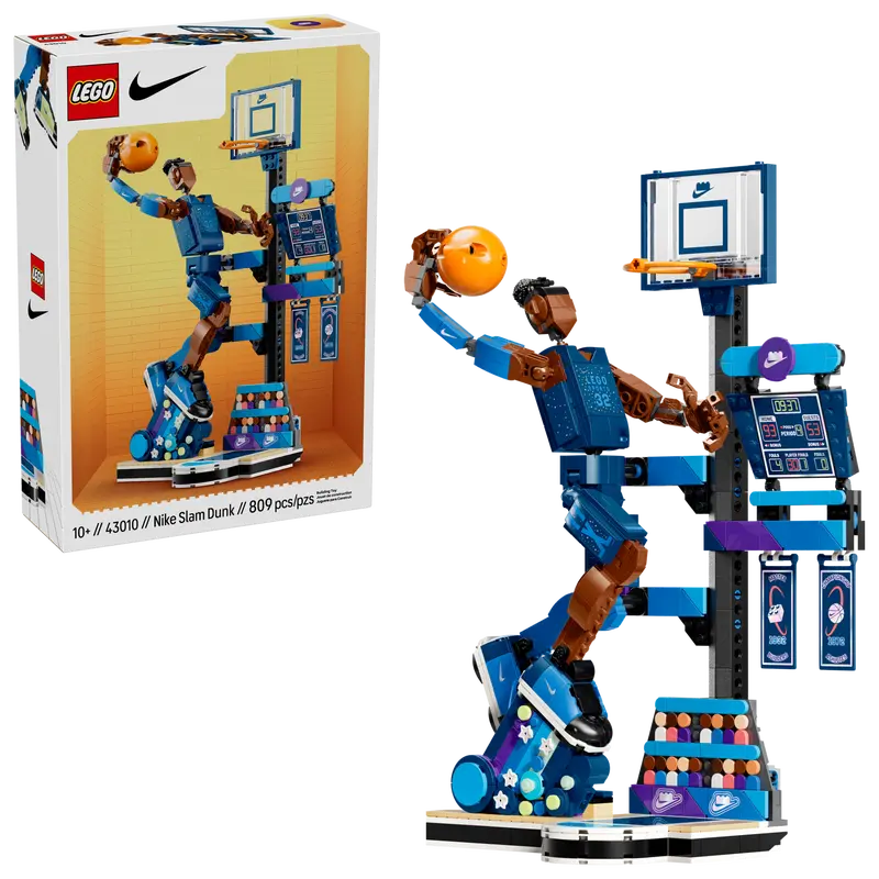 LEGO Nike slam dunk set with player and basketball hoop on a white background 43010