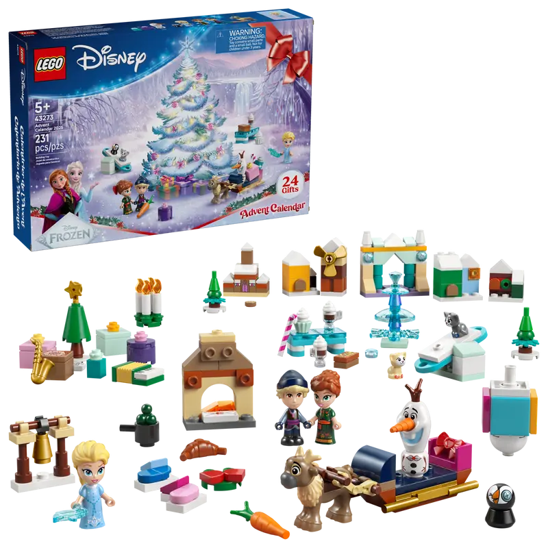LEGO Disney Frozen Advent Calendar 2025 with various pieces and packaging 43273