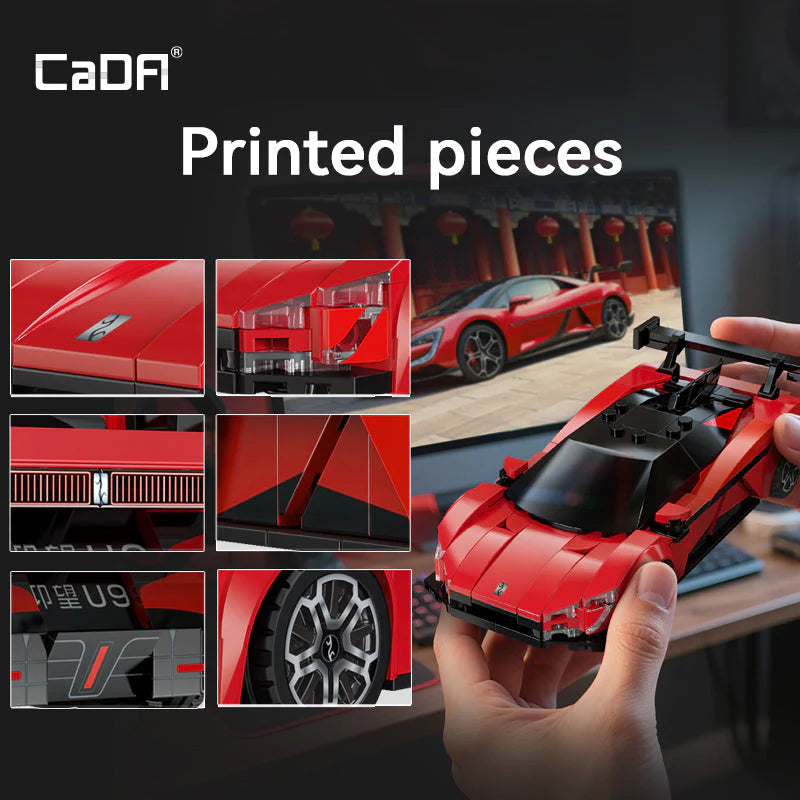 Red sports car model with printed pieces held by a hand, CaDA brand visible