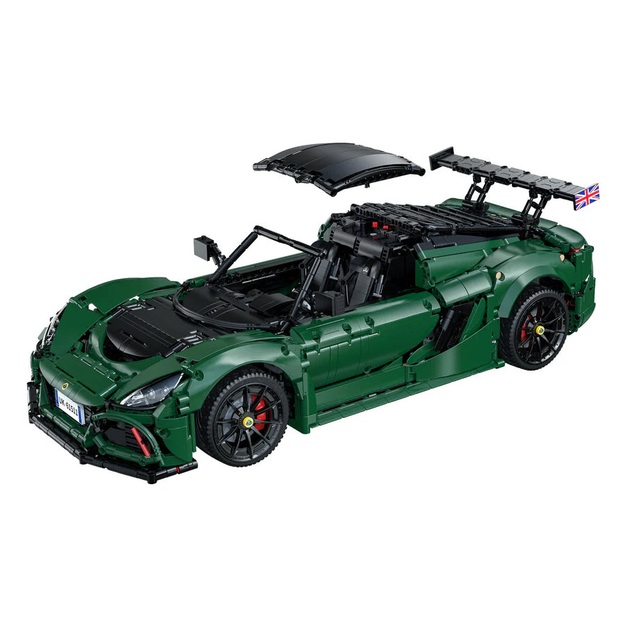 Green sports car model made of interlocking bricks on a white background