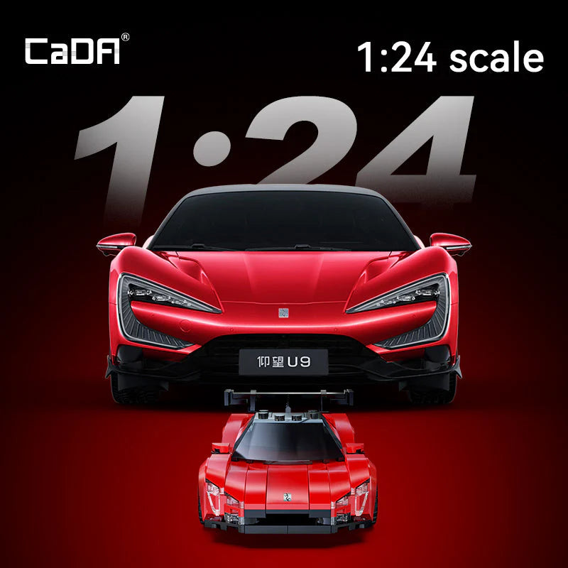 Red model car with 'CaDA' branding and '1:24 scale' text on a dark background