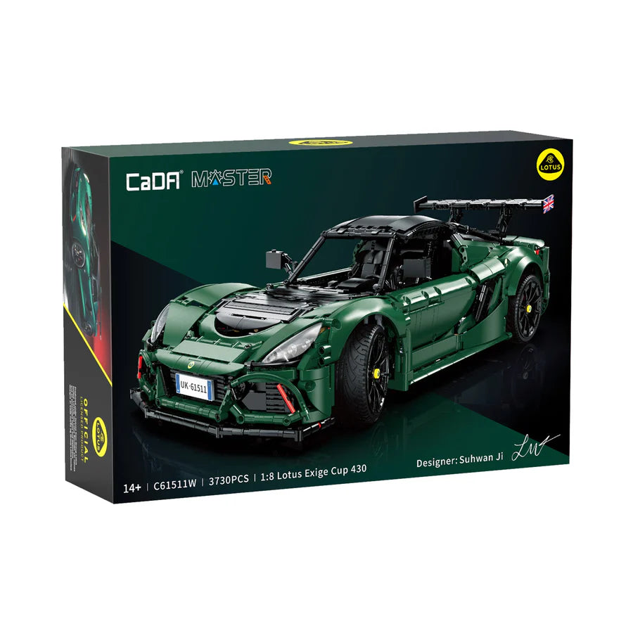 Boxed green sports car model with Cada Master branding on a white background