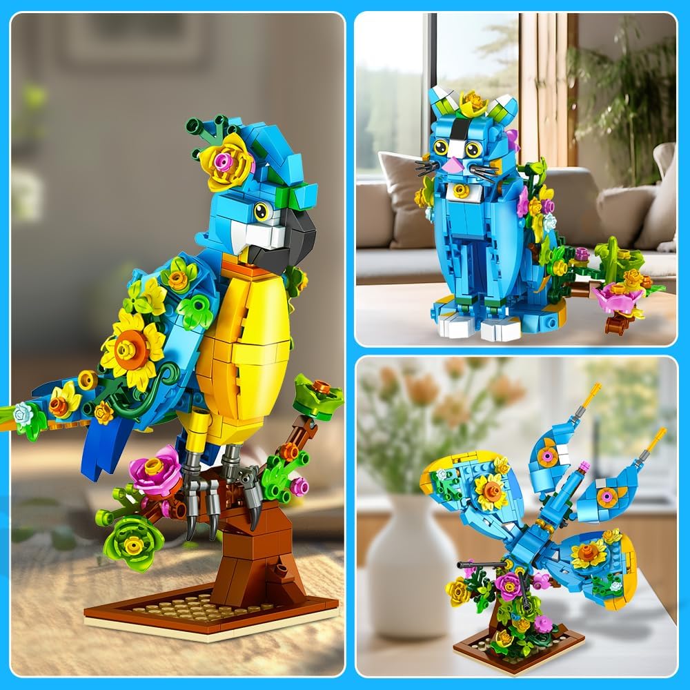 Insoon 3 in 1 Flower Cat Parrot Butterfly Building Set