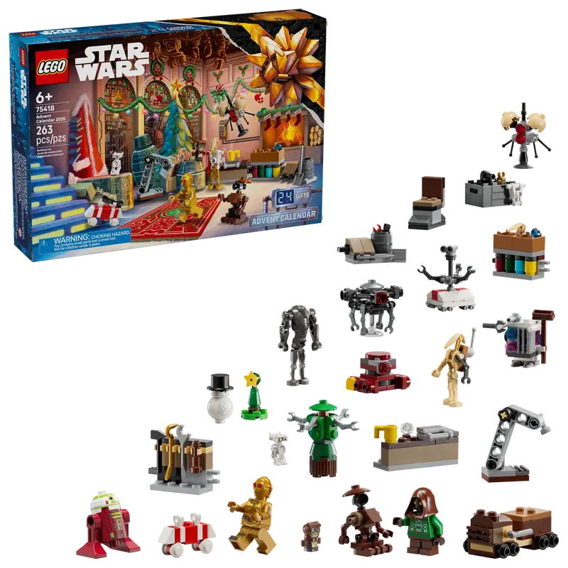 LEGO Star Wars Advent Calendar with various mini-figures and set pieces displayed in front of the box 75418.