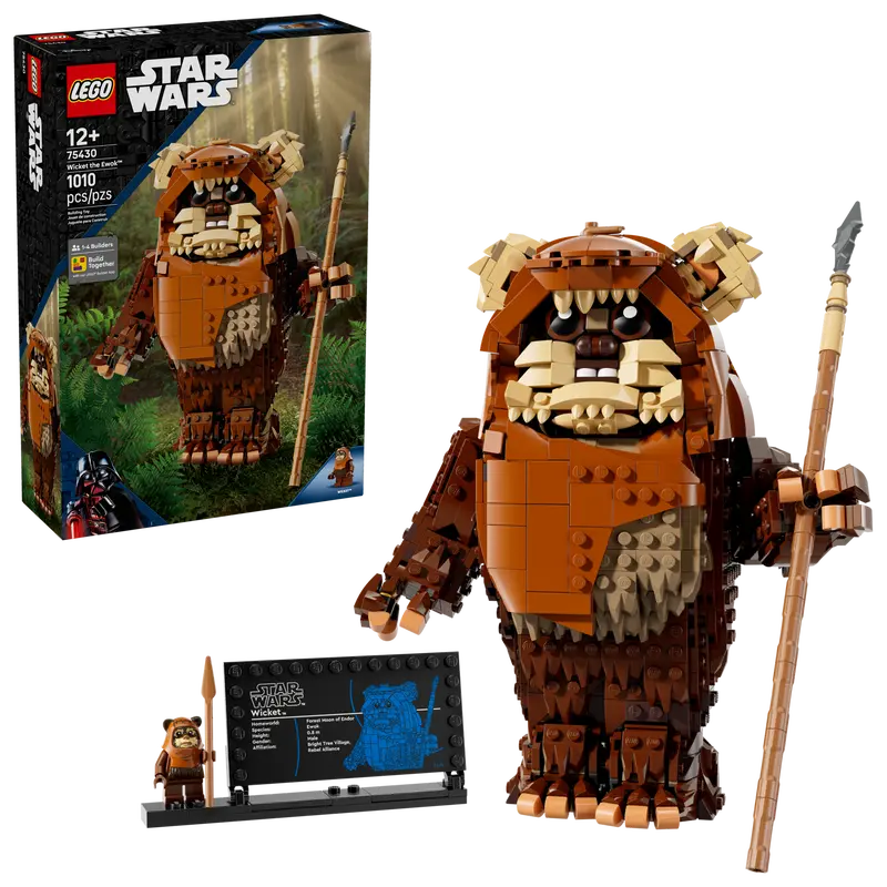 LEGO Star Wars Wicket the Ewok set with packaging and accessories on a white background 75430