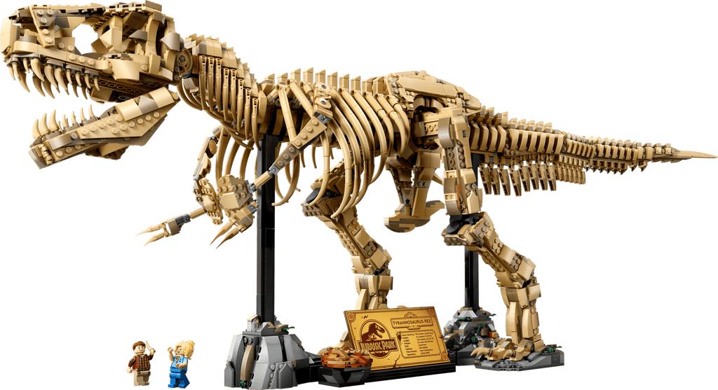 Impressive LEGO Jurassic Park T-Rex dinosaur fossil skeleton in tan, with minifigures and display plaque. Bricking Lebanon