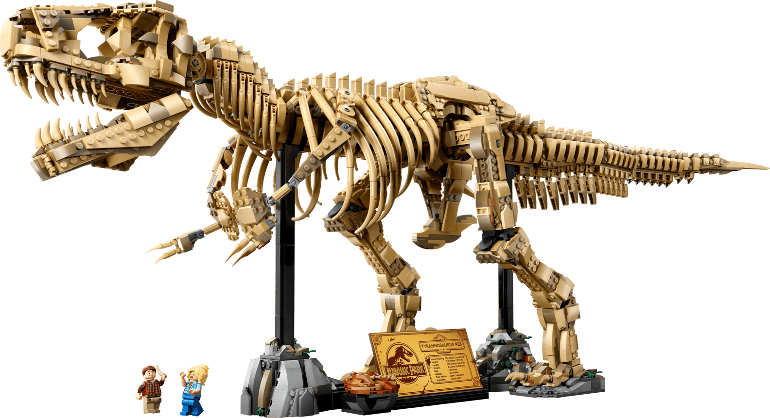 Impressive LEGO Jurassic Park T-Rex dinosaur fossil skeleton in tan, with minifigures and display plaque. Bricking Lebanon