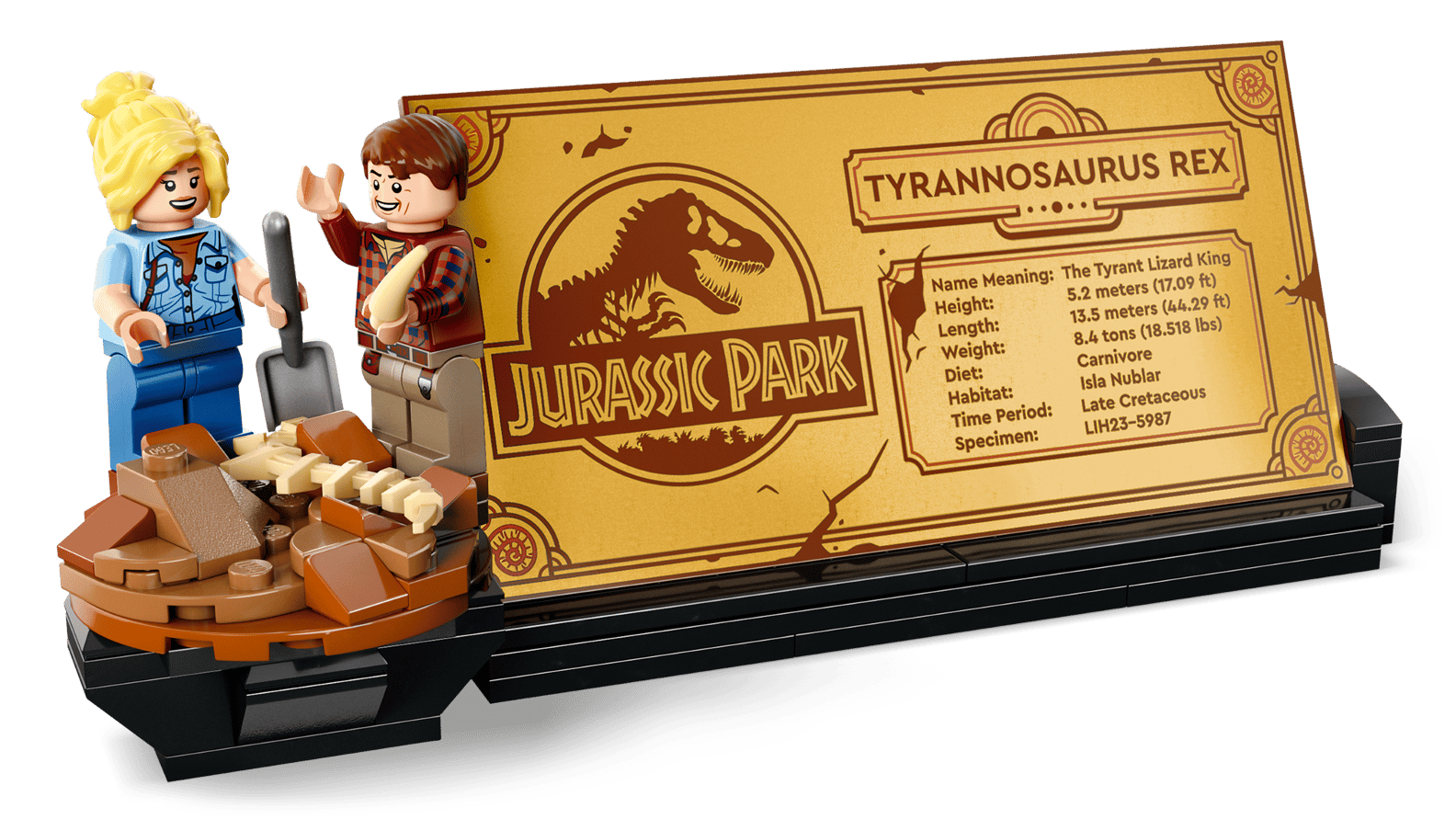 LEGO Jurassic Park T-Rex fossil display with minifigures and info plaque. Bricking Lebanon