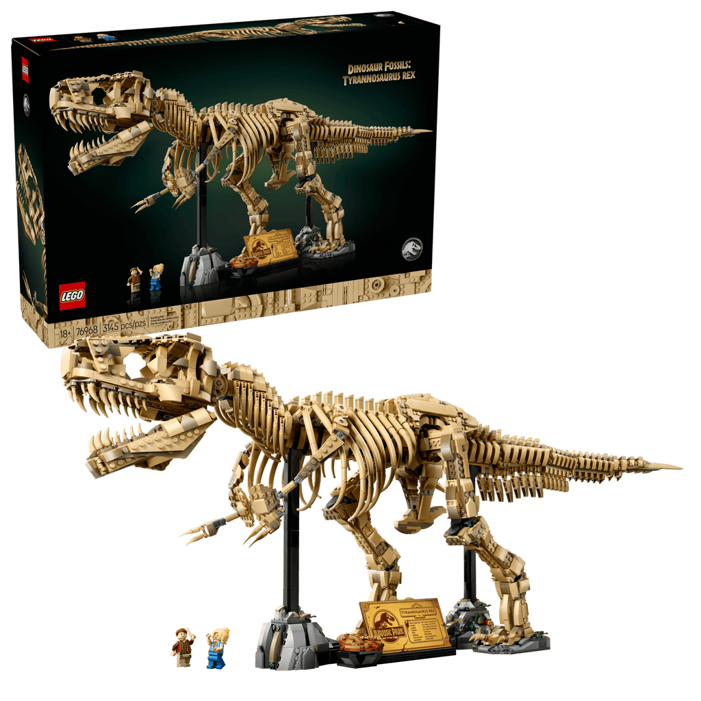 Detailed LEGO Jurassic Park T-rex dinosaur fossil skeleton model in tan, with display stand and minifigures. Bricking Lebanon
