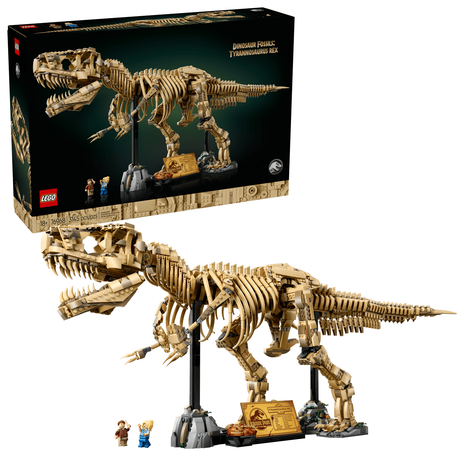 Detailed LEGO Jurassic Park T-rex dinosaur fossil skeleton model in tan, with display stand and minifigures. Bricking Lebanon