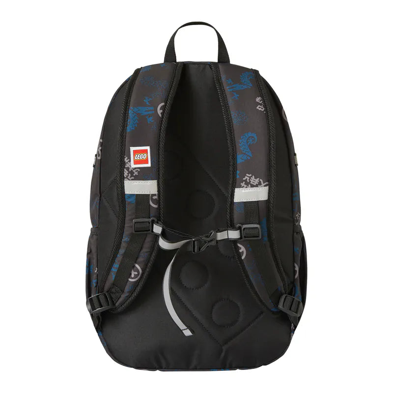Black backpack with blue patterns and a LEGO logo on a white background