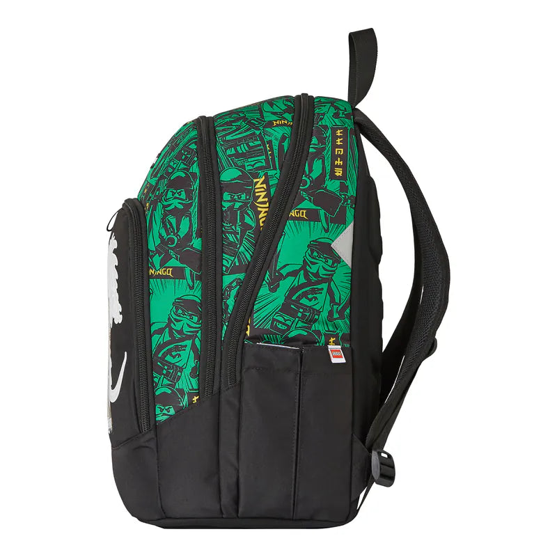 Right Side of LEGO Backpack with green and black design on a white background