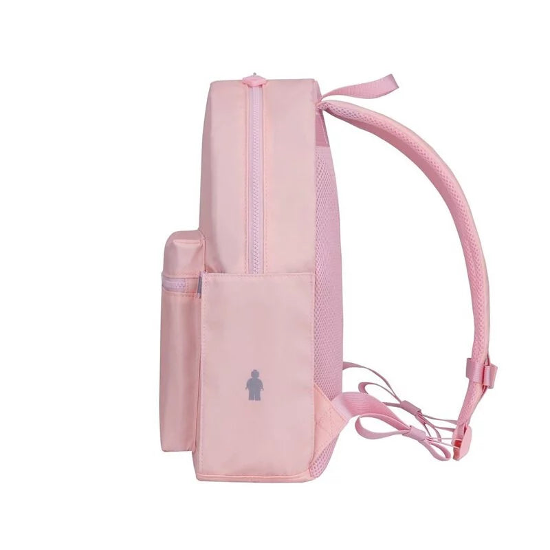 Pink backpack with a small logo on a white background