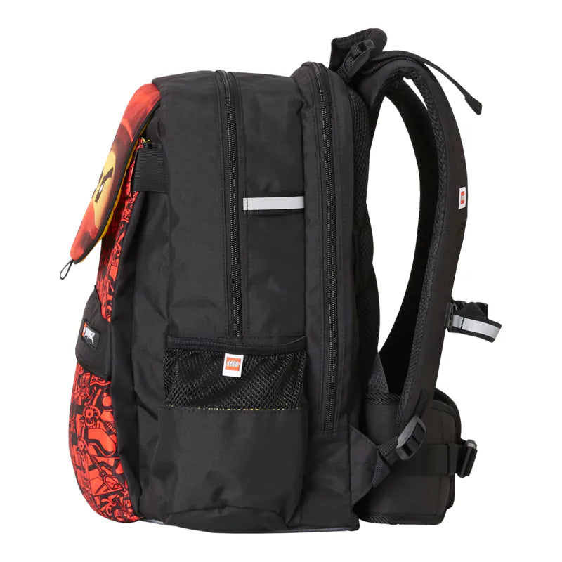 Black LEGO backpack with red and yellow design on a white background