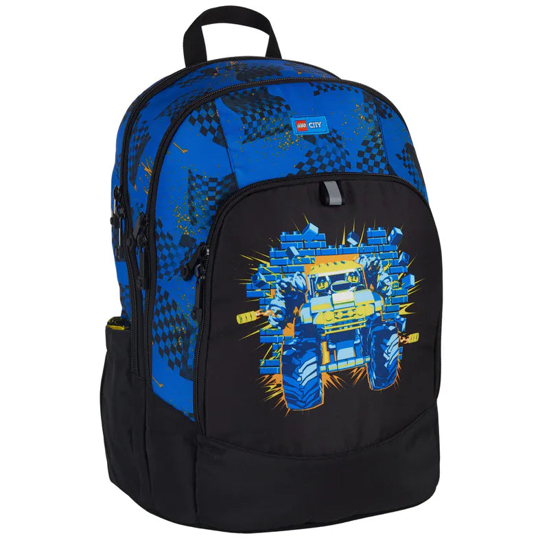 Backpack with robot design and blue checkered pattern on a white background