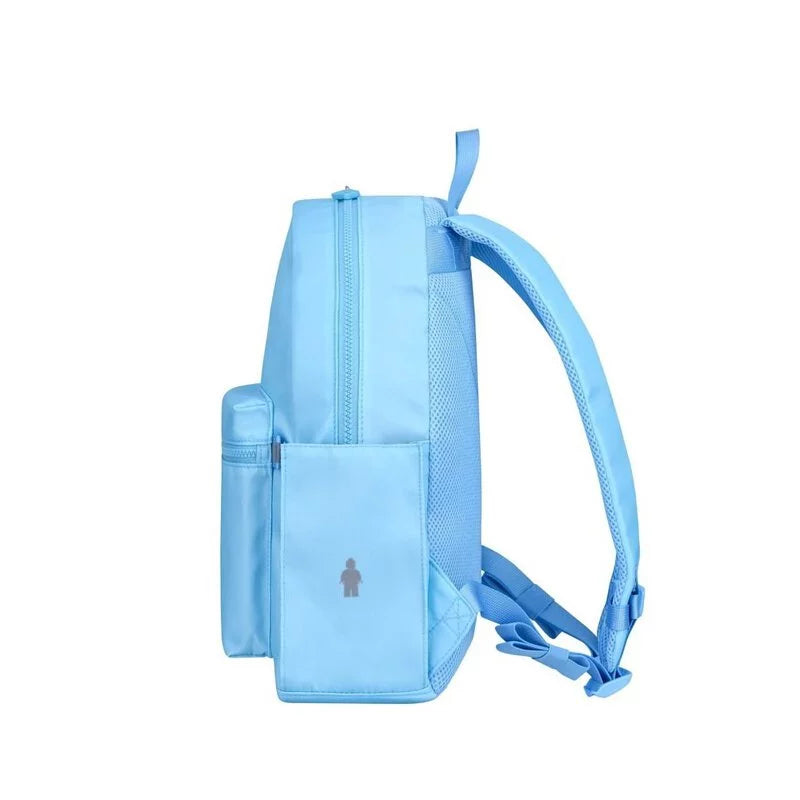 Light blue backpack with a small logo on a white background