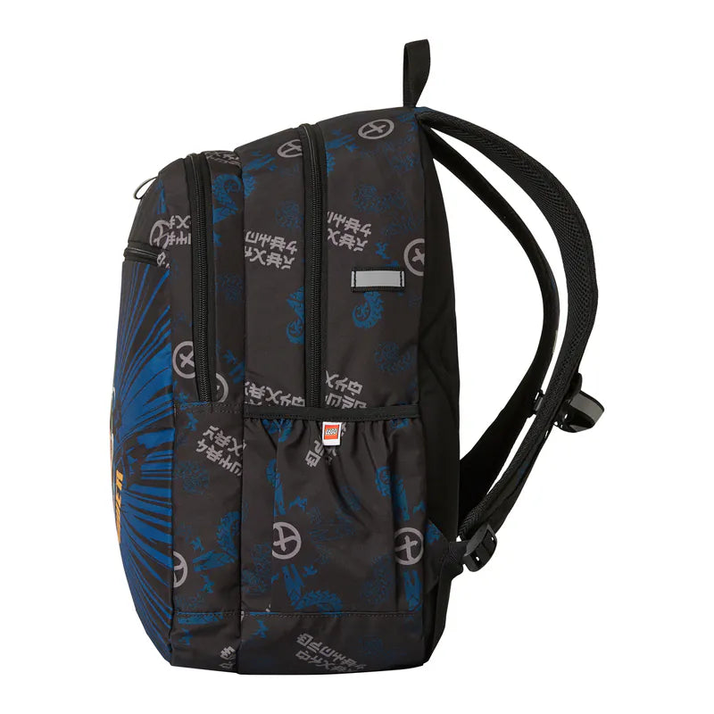 Black backpack with blue patterns on a white background