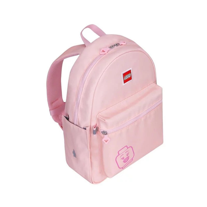 Pink backpack with LEGO logo on a white background