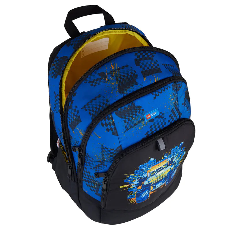 Blue and black backpack with checkered pattern on a white background