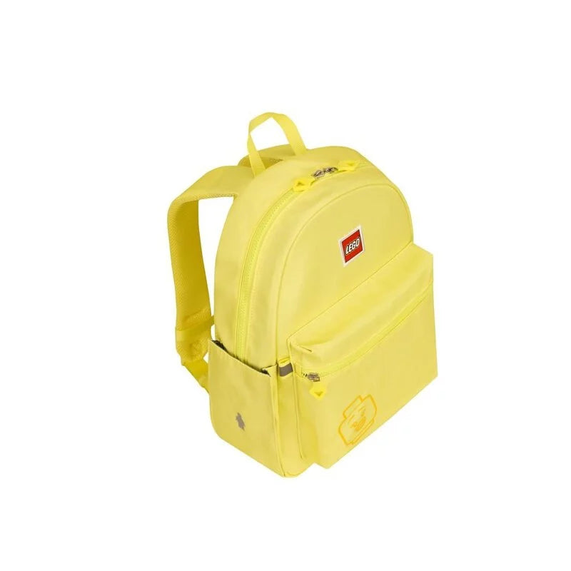 Yellow backpack with a visible brand logo on a white background