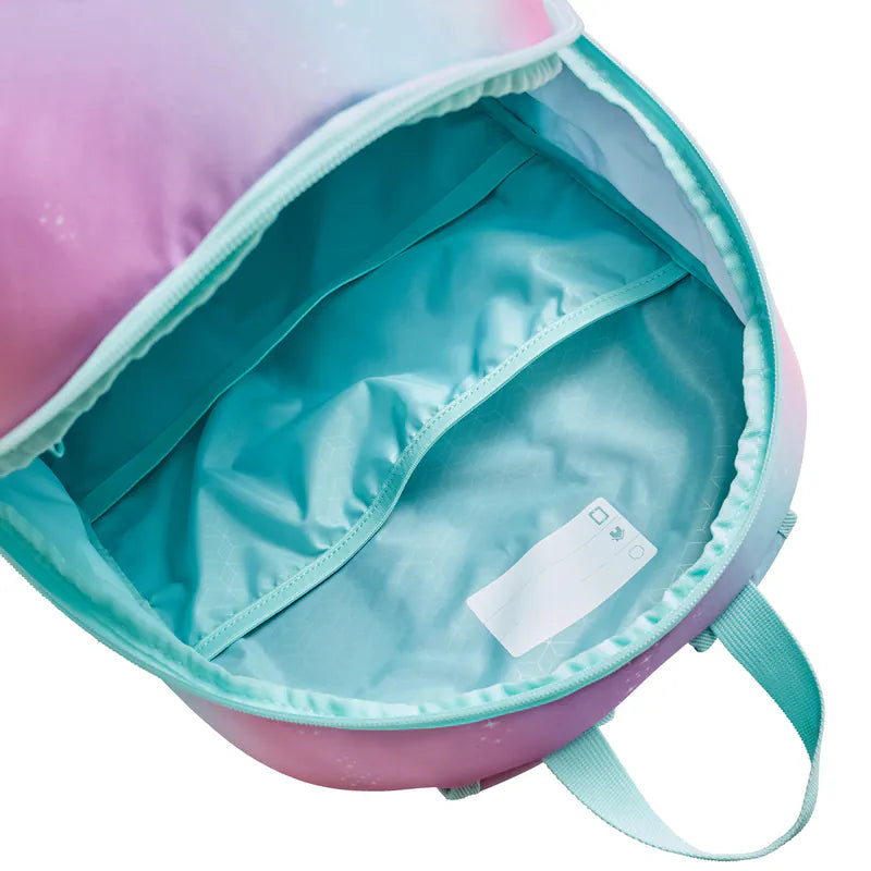 Pink and teal backpack with a visible brand label on a white background