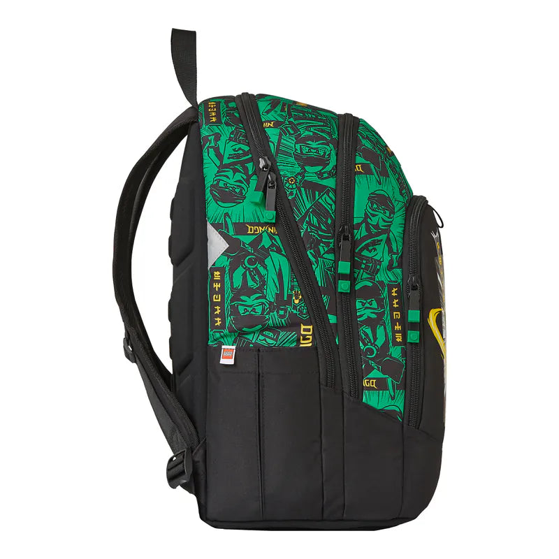 Left Side of LEGO Black backpack with green and yellow pattern on a white background