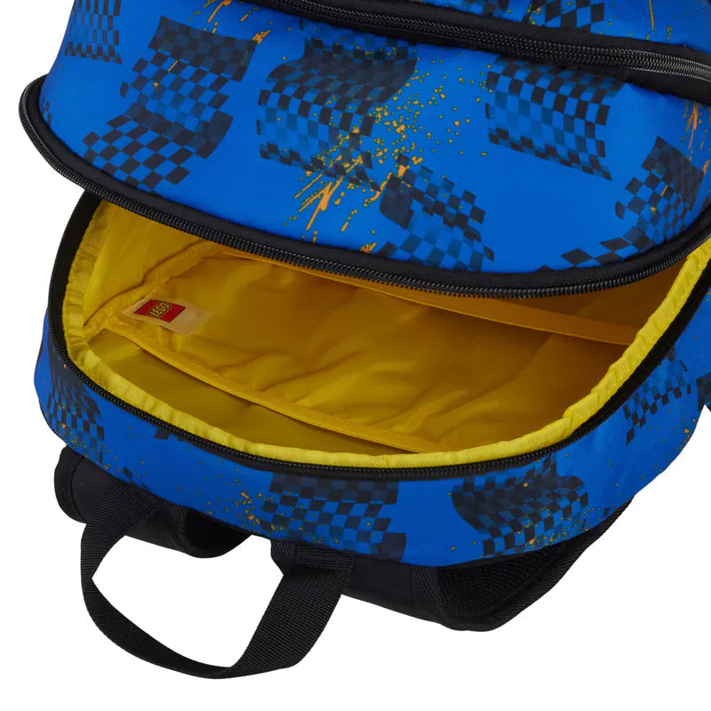 Blue camouflage backpack with yellow interior on a white background