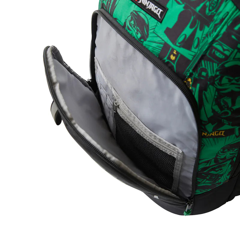 Green and black patterned backpack with open front pocket on a white background