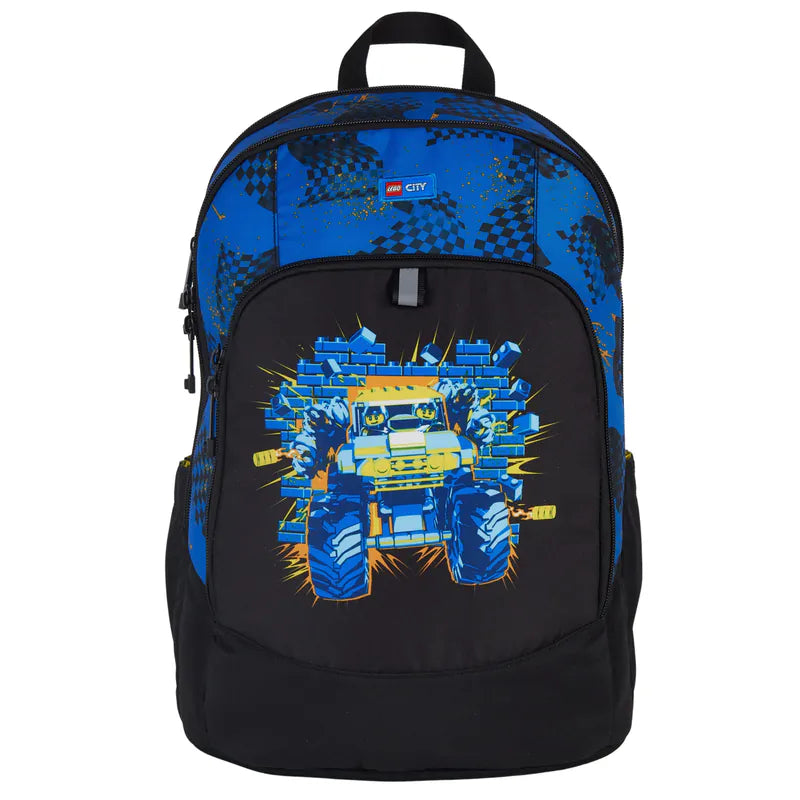 Black and blue backpack with a toy truck design on a white background