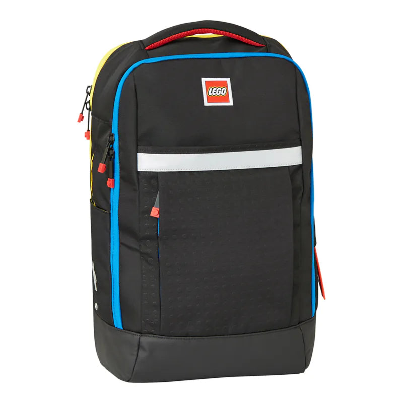 Black backpack with colorful accents and a LEGO logo on a white background