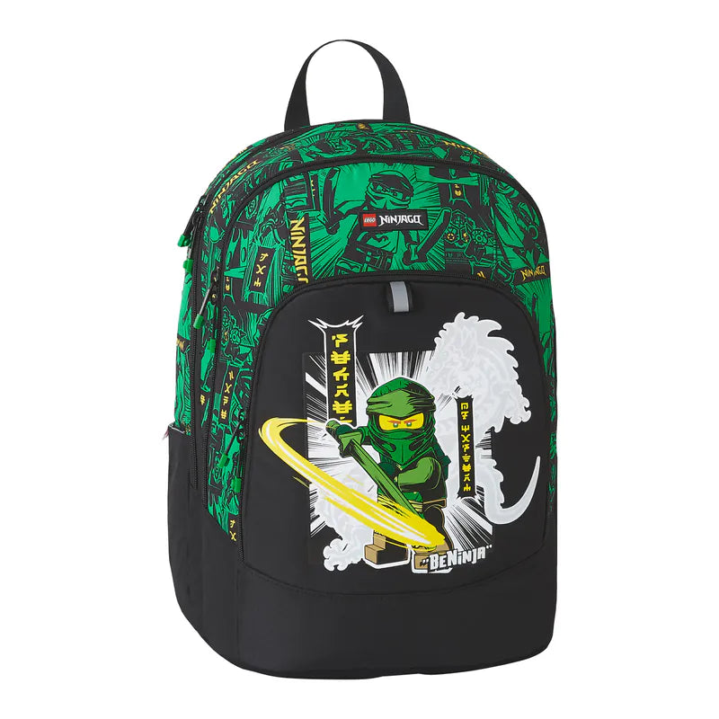 LEGO Backpack with green and black design featuring a character and text on a white background
