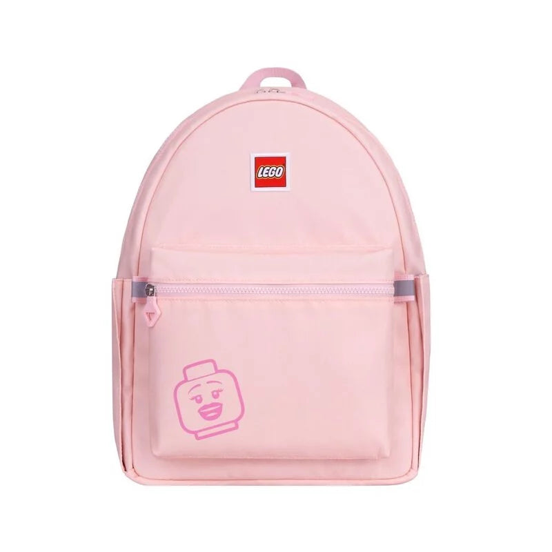 Pink backpack with LEGO logo and character on a white background