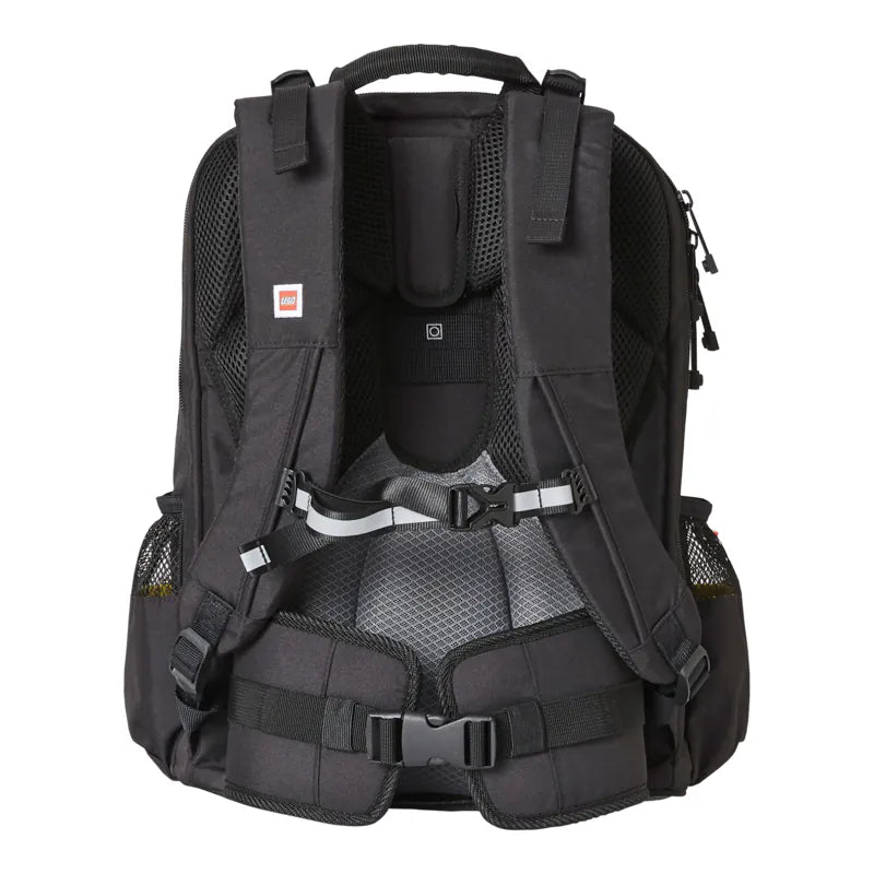 Black LEGO backpack with multiple straps and buckles on a white background