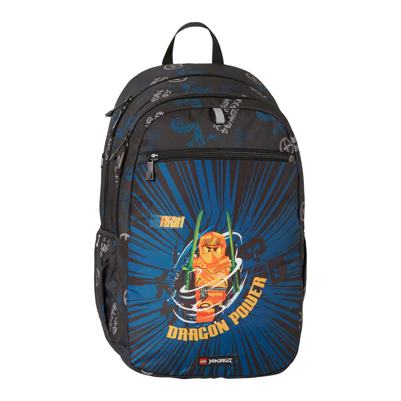 Backpack with a character design and 'Dragon Power' text on a blue background