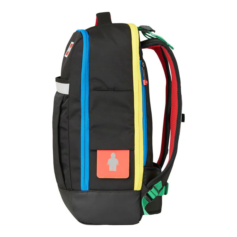Black LEGO backpack with colorful straps on a white background