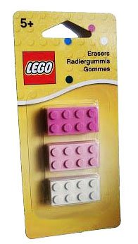 Eraser, LEGO Brick Eraser Set of 3 (White, Bright Pink, Dark Pink) blister pack (YELLOW PACKAGING NOT PINK!)