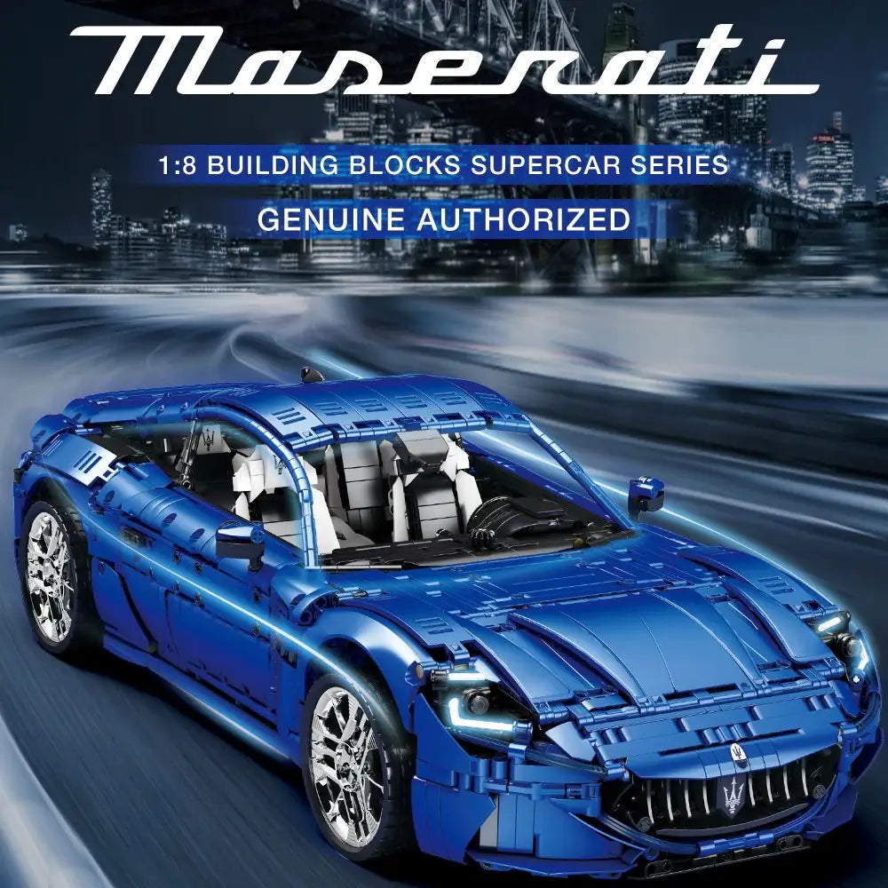 Blue Maserati building block car with cityscape background