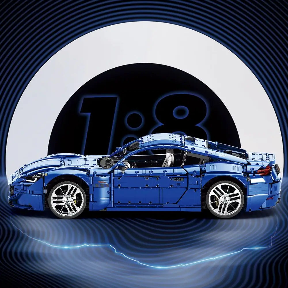 Blue toy car model with '1:8' branding on a dark background