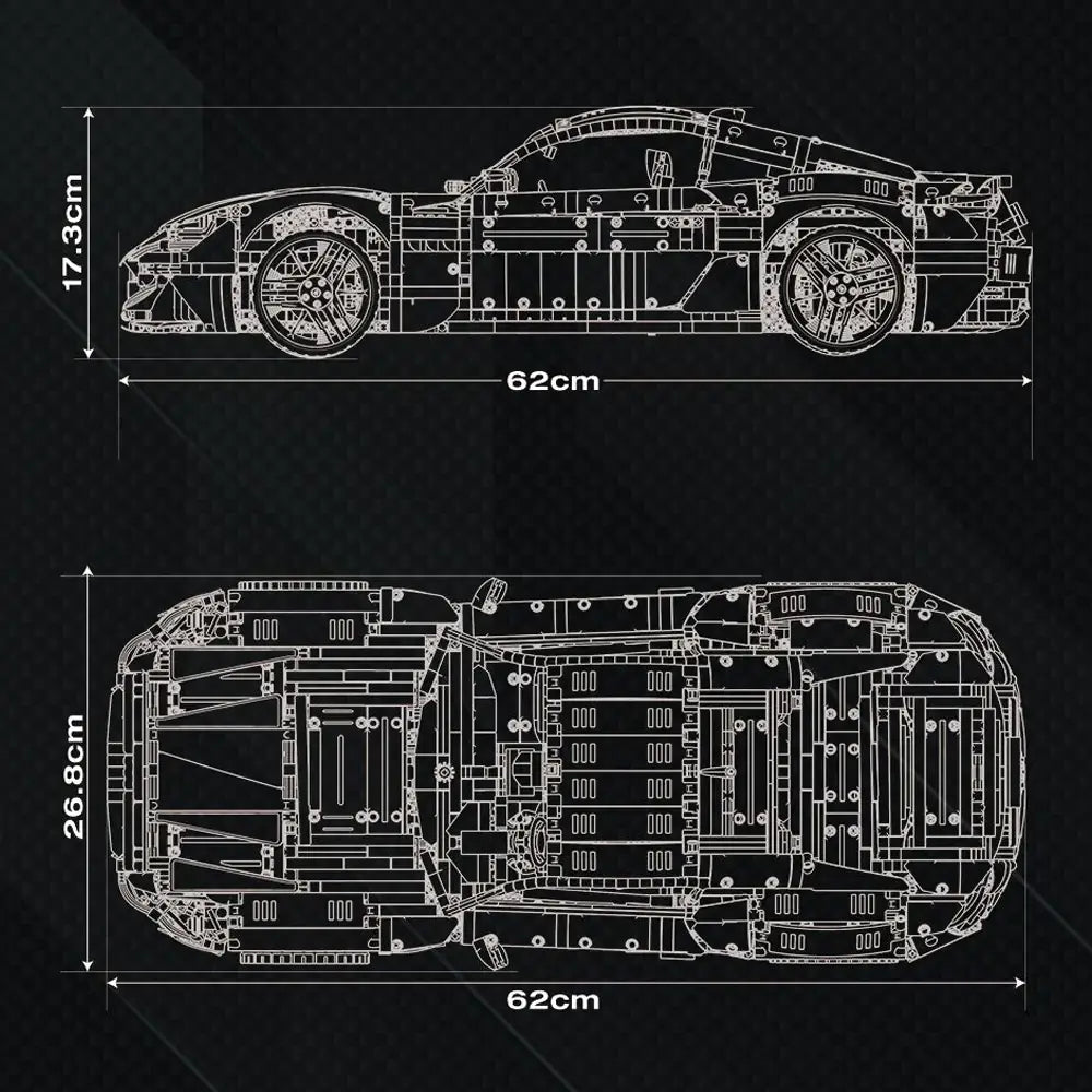 Technical drawings of a car model with dimensions on a black background