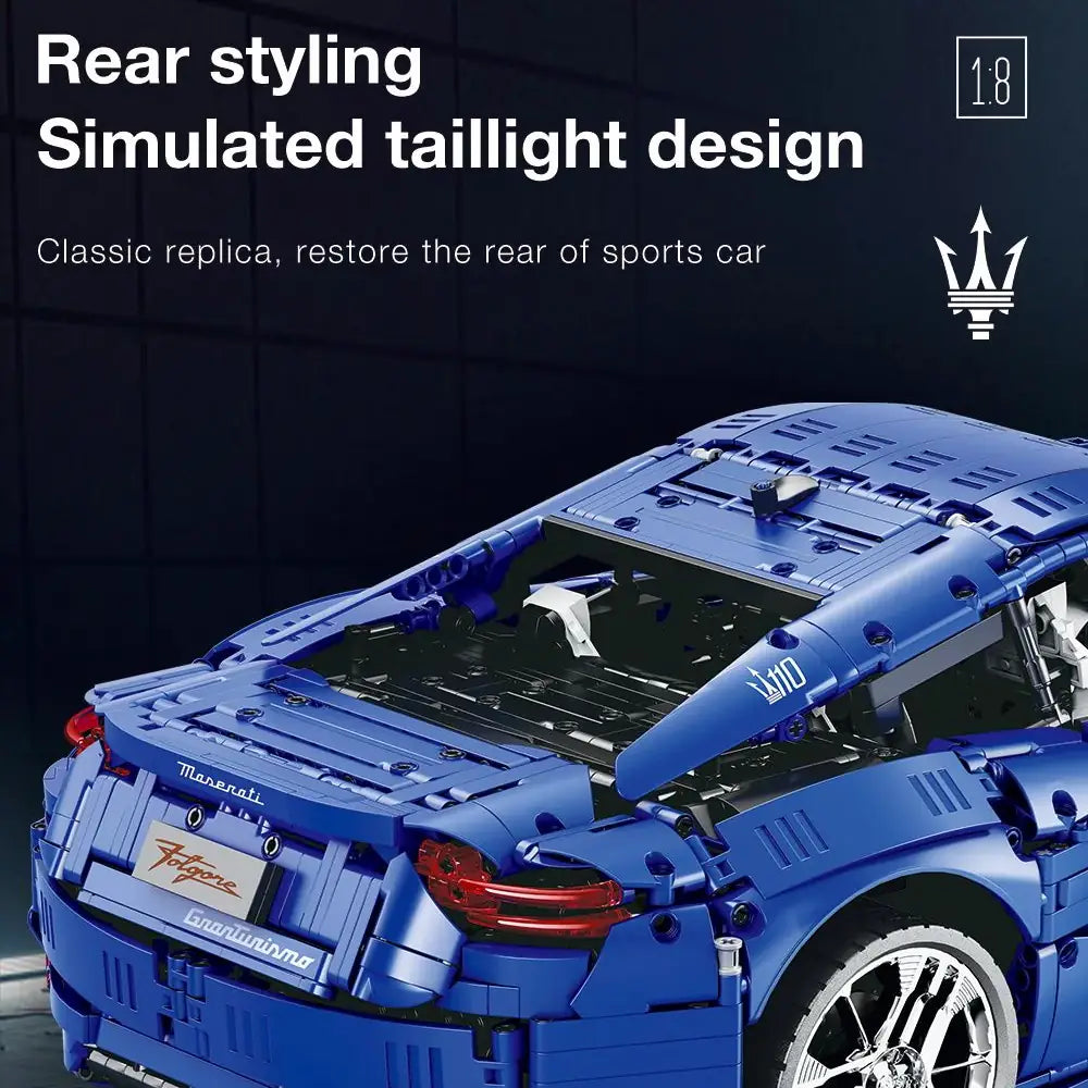Blue model car with simulated taillight design on a dark background, featuring Maserati logo.